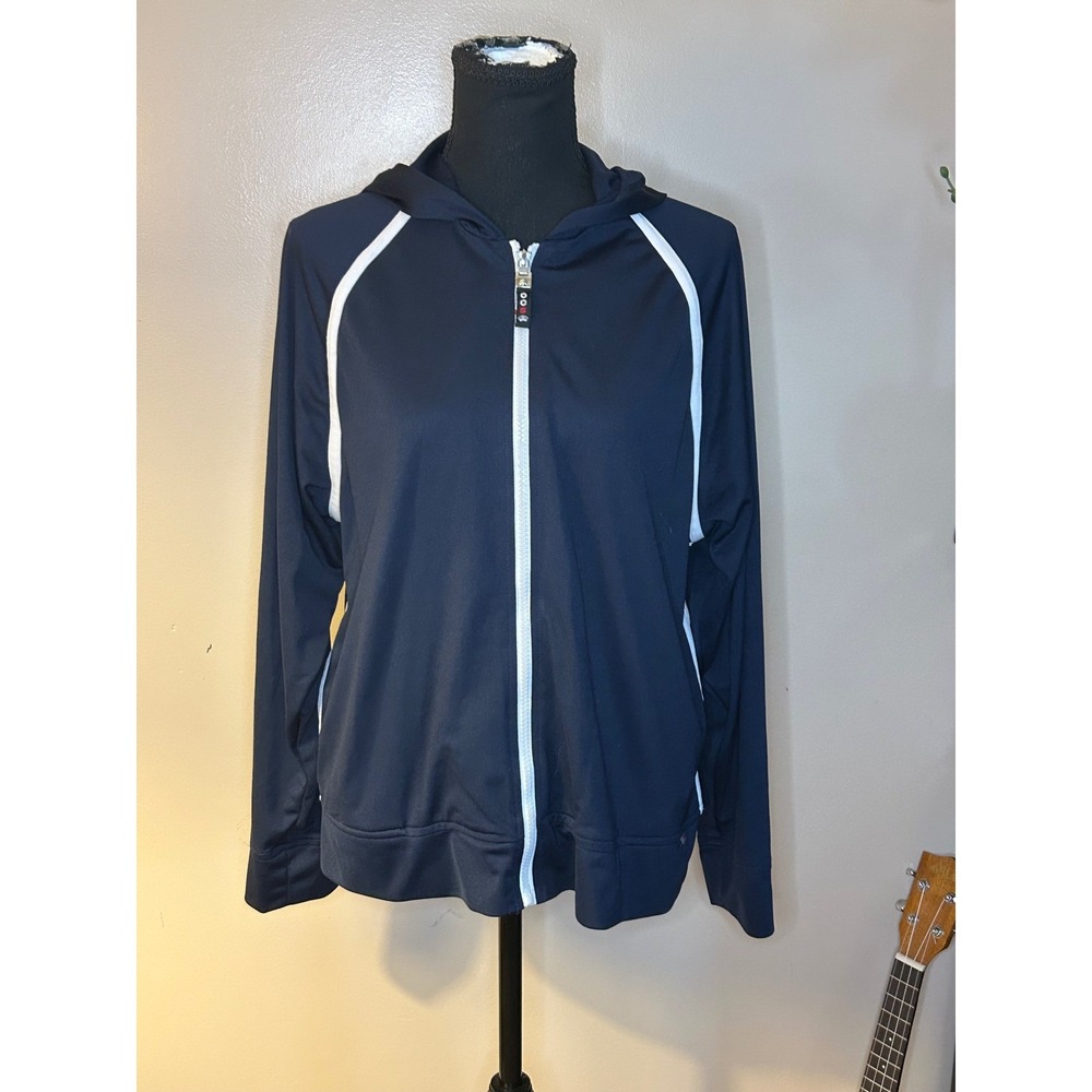 Oleg Cassini Sport Navy Blue Full Zip Hooded Track Jacket White Trim Mens Large